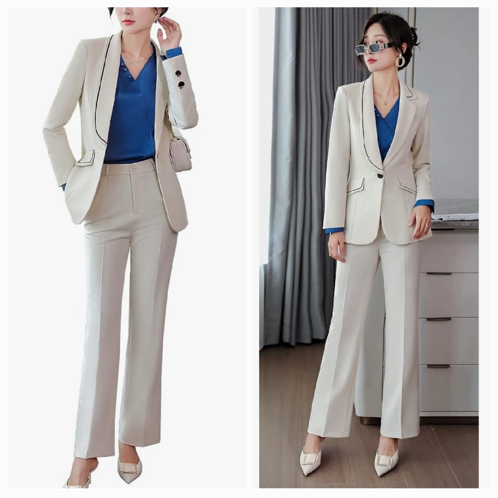 SUSIELADY 2 Piece Cream One Button Blazer Pant Suit Set Medium